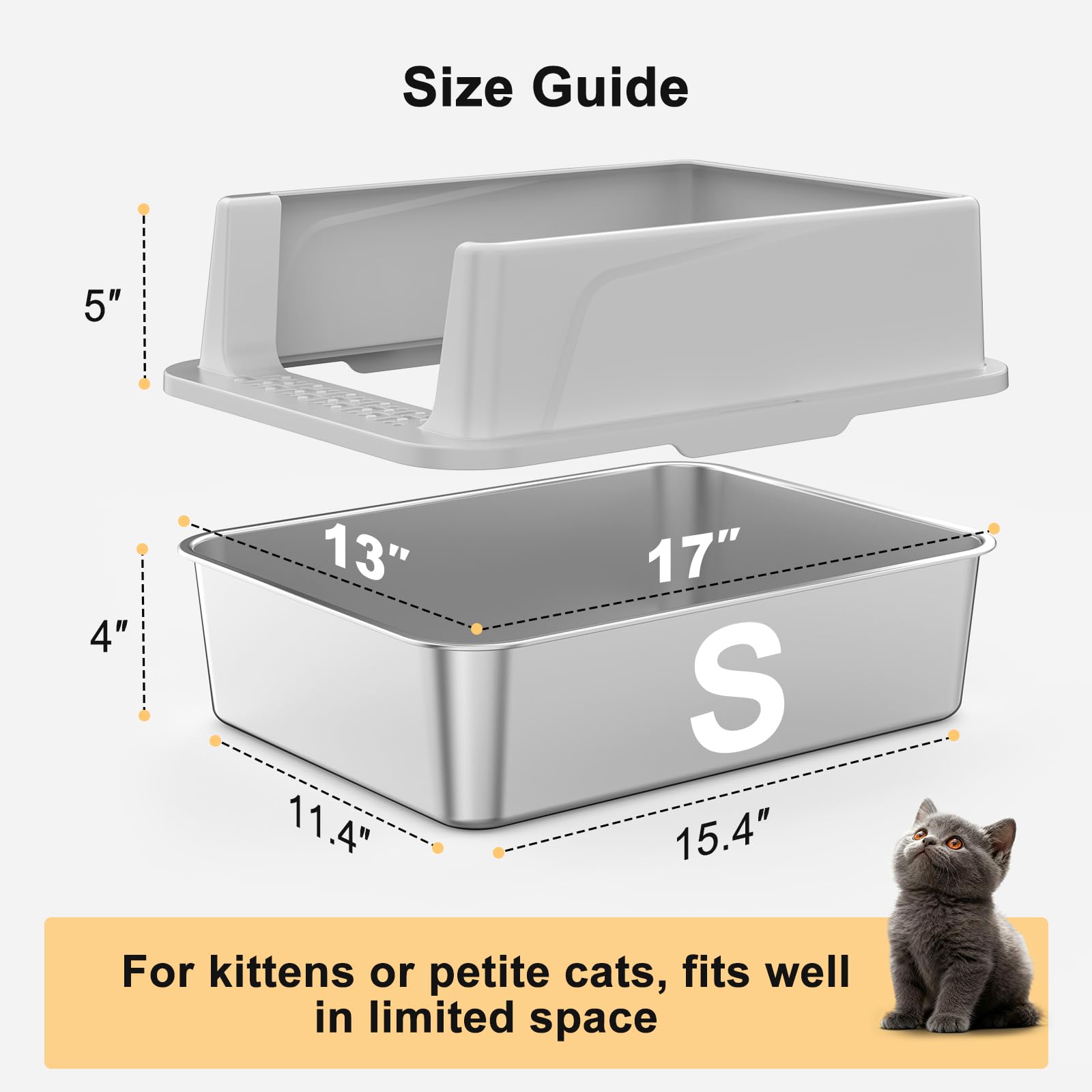 FURTIME Stainless Steel Cat Litter Box with Lid, Metal Kitty Litter Box for Small Cats, Kitten Litter Boxs with Scoop and Mat, Non-Sticky, Anti-Leakage, Easy to Clean, 17.4"x13.4"x8.4" (Small)