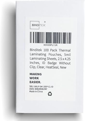 Binditek Bolsas de laminación térmicas, hojas de laminado de 5 mil, 2.5 x 4.25 pulgadas, insignia de identificación sin clip, ultra transparentes,