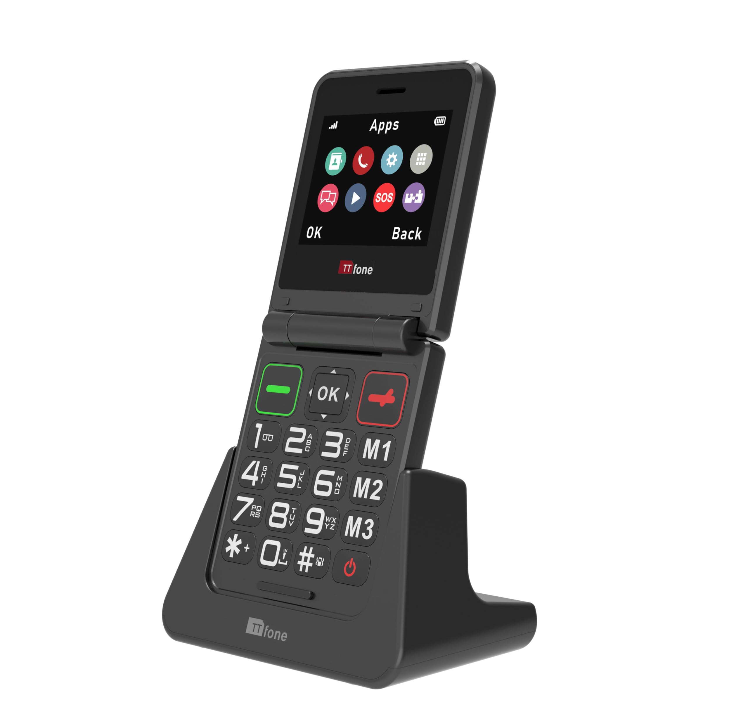TTfone TT660 - Teléfono móvil abatible para Personas Mayores, diseño Plegable, Botones Grandes, Asistencia de Emergencia, batería de Larga duración (con Cargador de Base)