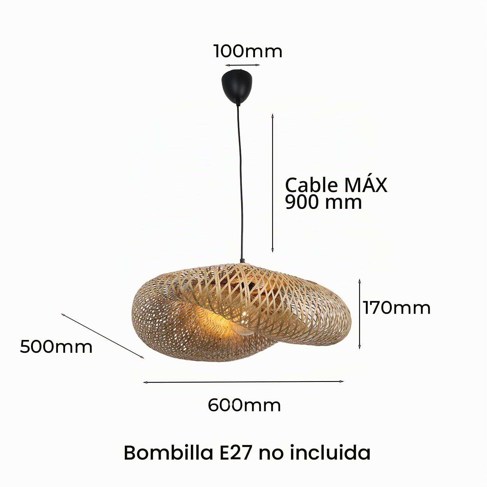 Alpinaluz Lámpara Colgante de Mimbre Natural ø600 mm - Diseño Artesanal con Pantalla Tejida a Mano, Portalámpara E27 de Madera y Cable Negro, para Salón, Comedor y Dormitorio