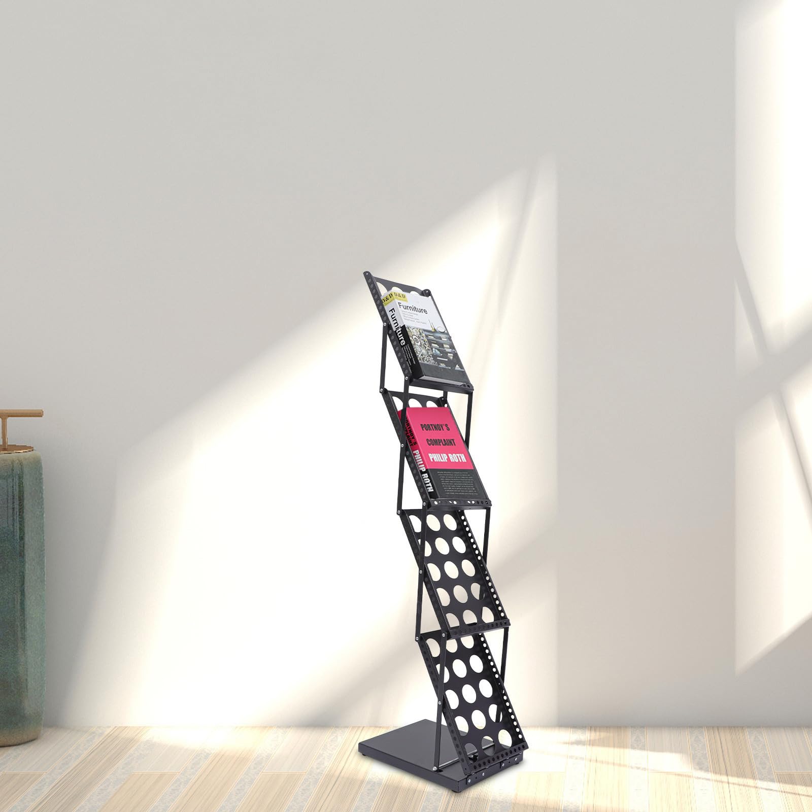 CANIGHT Expositor Plegable para Folletos A4 Multi-Capa Vertical Ventilado en Hierro Negro Adecuado para Exposiciones y Librerías