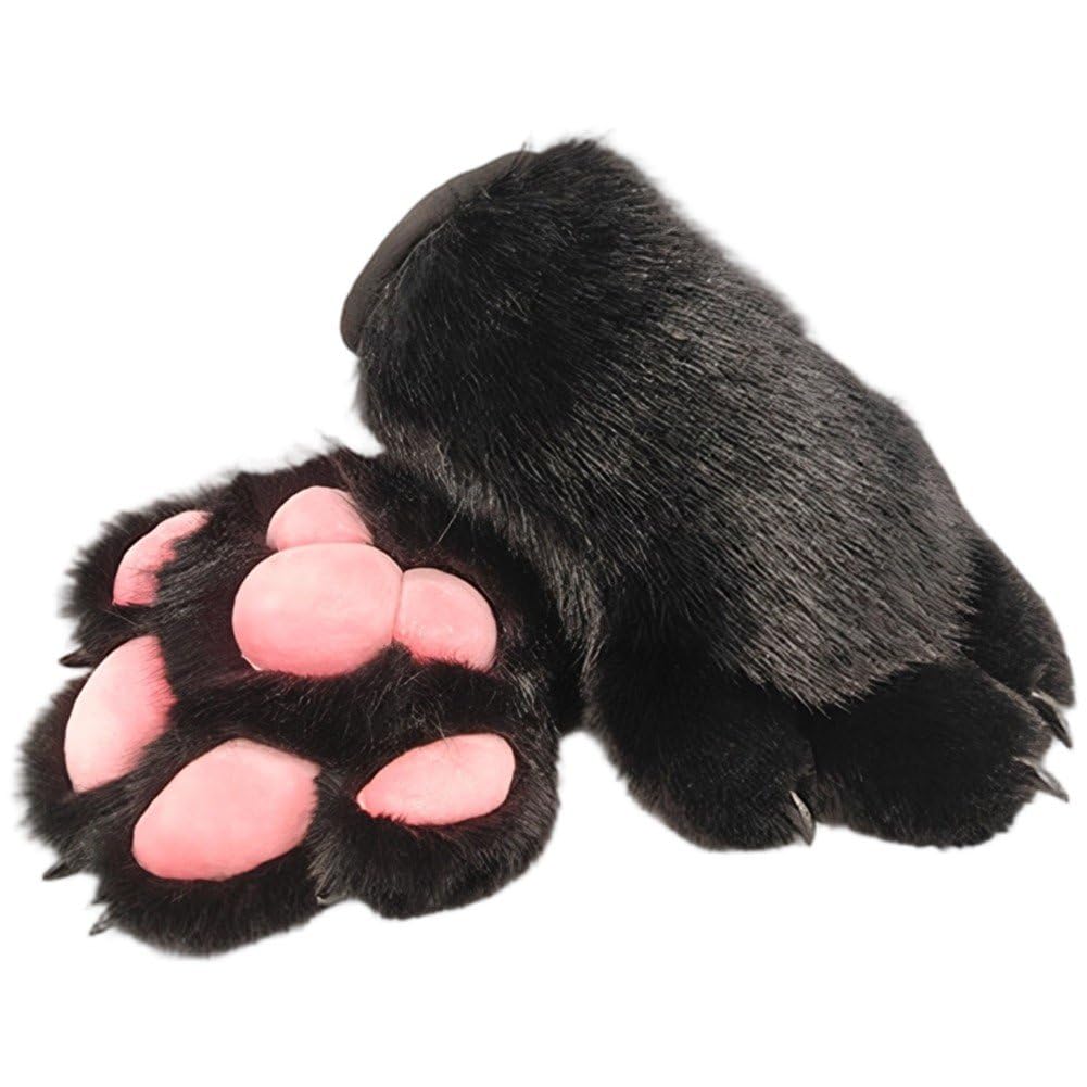 Fituenly Furry Cat Paw Gloves Cosplay Fursuit, Plush Full Finger Animal Mittens for Adults, Halloween Dress Up Costume Accessories