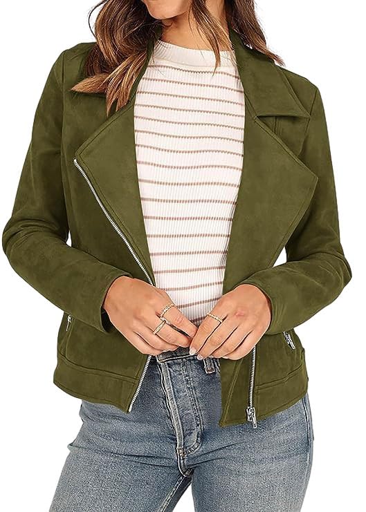 Women's Faux Suede Jacket 2024 Fall Long Sleeve Zipper Lapel Cropped Coat with Pockets Y2K Moto Jackets Outwear2