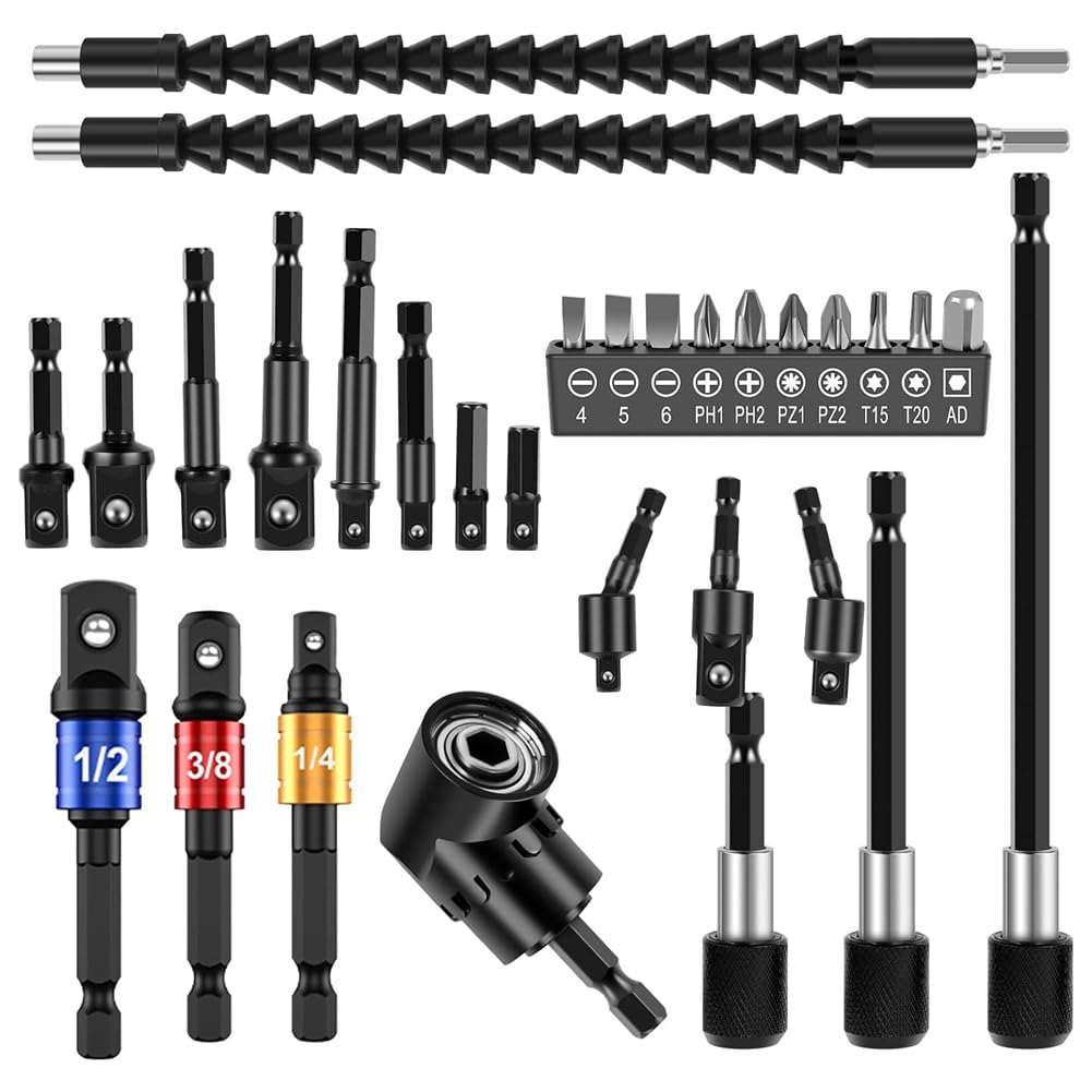 Agwuoetr 30Pcs Flexible Drill Bit Extension Kit Replacement Accessories Right Angle Drill Attachmen,Rotatable Socket Adapter,Bendable Extender Drill Bit