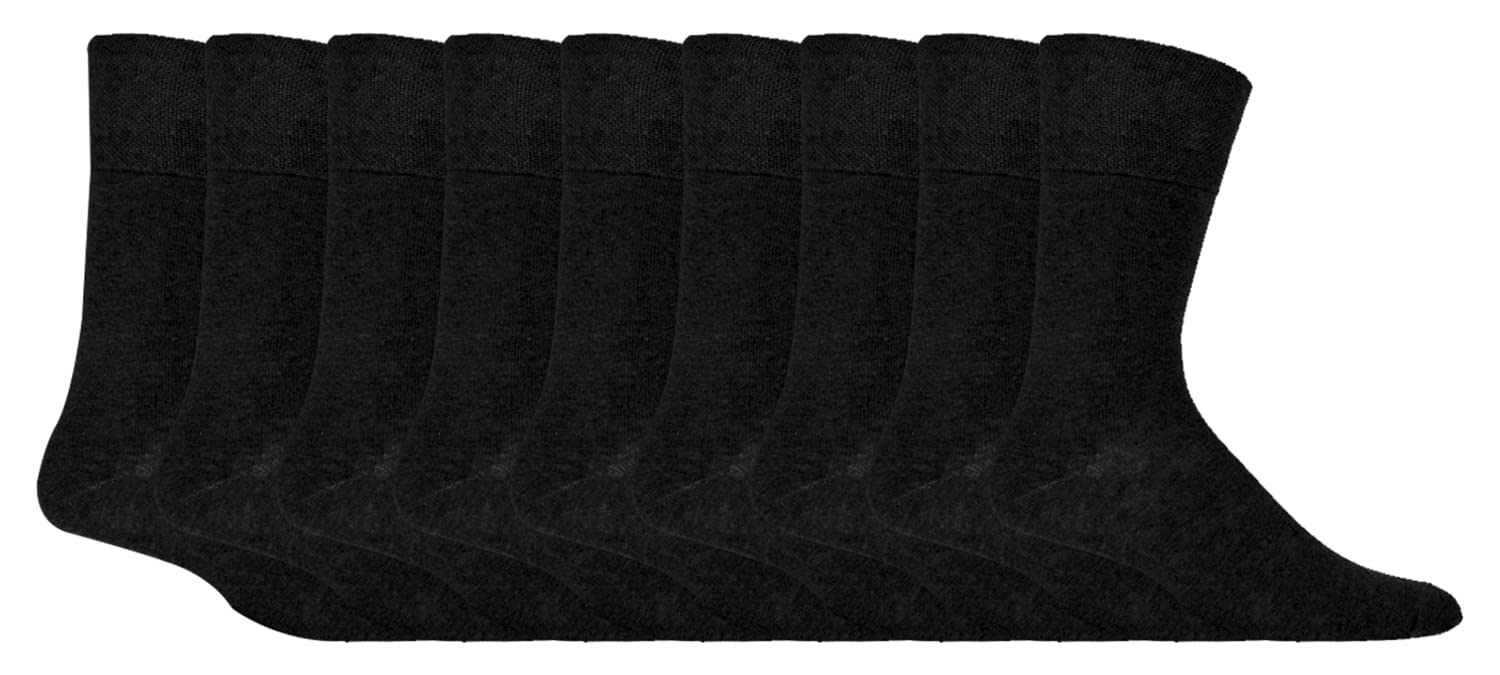 Gentle Grip 9 Pairs Non Elastic Cotton Mens Socks With Loose Top - Ideal For Diabetic - Black