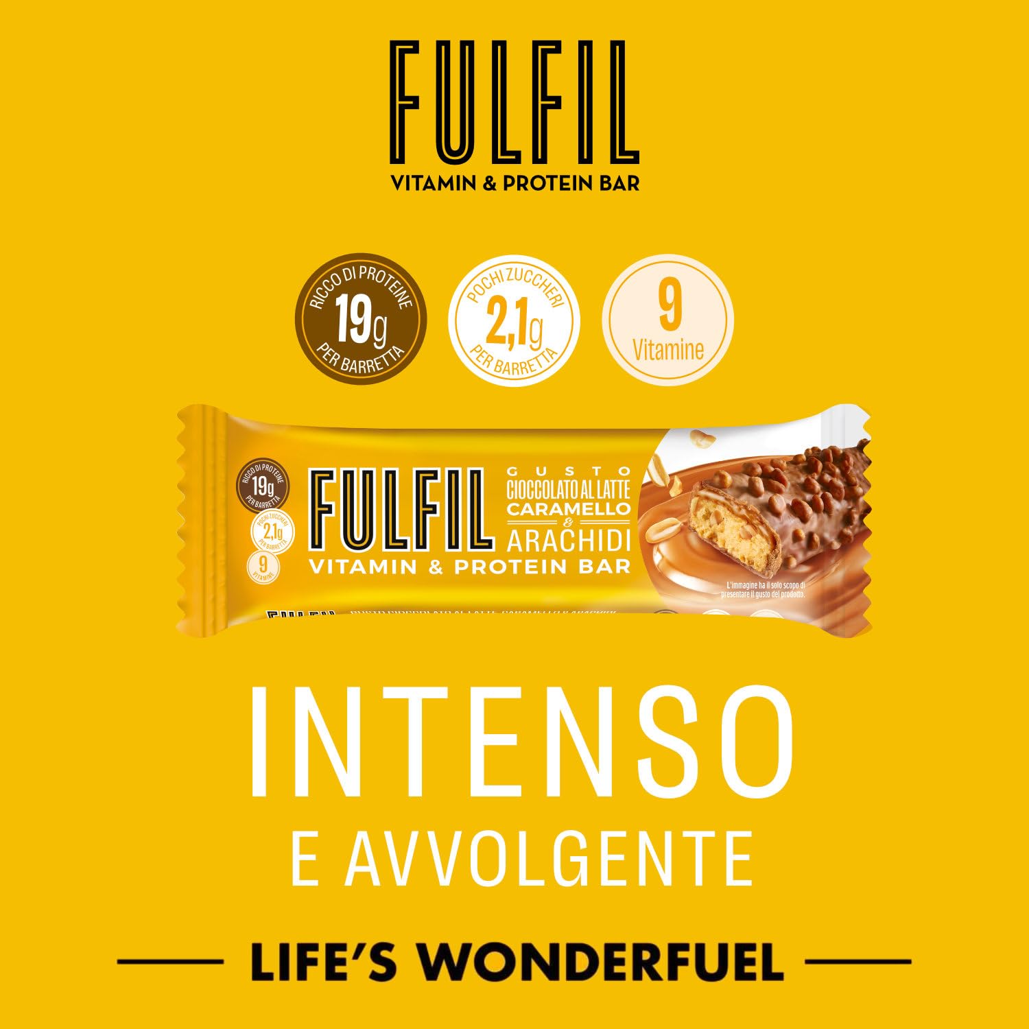 FULFIL - 15 Barrette Proteiche da 55 Grammi, Gusto Cioccolato Caramello e Arachidi con 9 Vitamine e Pochi Zuccheri, Confezione da 825 Grammi