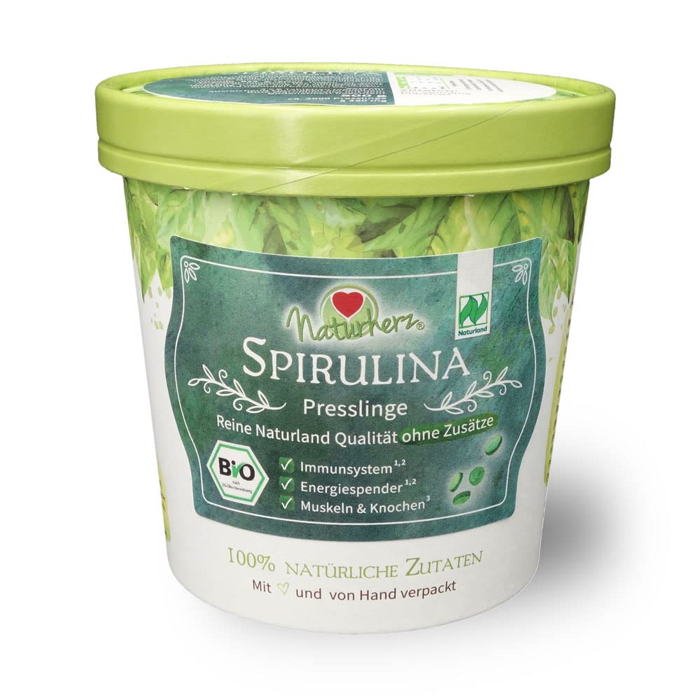 Naturherz BIO Spirulina Presslinge - Naturland-Zertifizierung - 2000 Stück - Tabletten je 250mg - 100% reine Spirulina Algen aus kontrolliert biologischem Anbau - vegan - 500 g