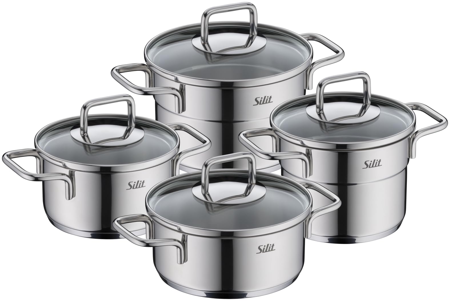 Silit Extra Cook Kochgeschirr-Set 4-teilig, Kochtöpfe 12/14 cm mit Glasdeckel, Innenskalierung, breiter Schüttrand, Crominox-Edelstahl, kleine Portionen, platzsparend stapelbar, tropffrei