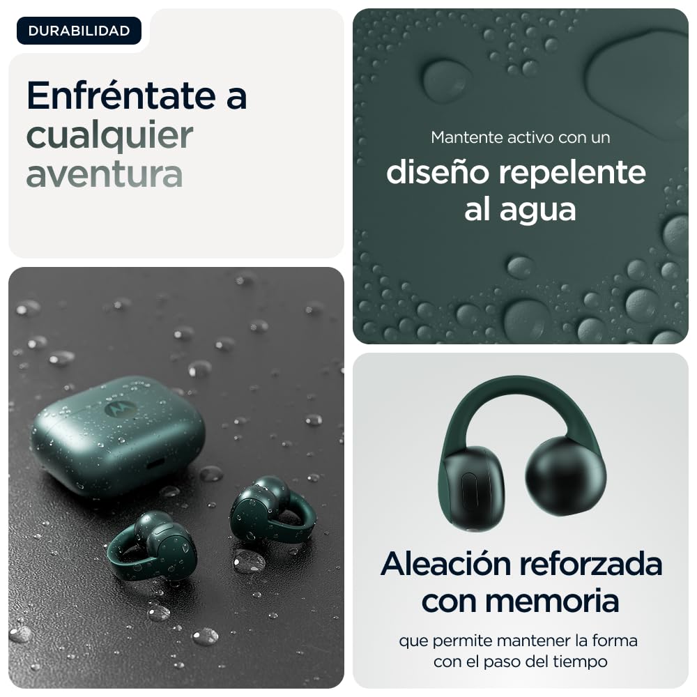 Auriculares Moto Buds Loop Color Pantone Trekking Green, Diseño Open-Ear, Integración con Smartphones, Sound by Bose, Micrófono avanzado, Diseño Resistente al Agua,Batería de Larga duración