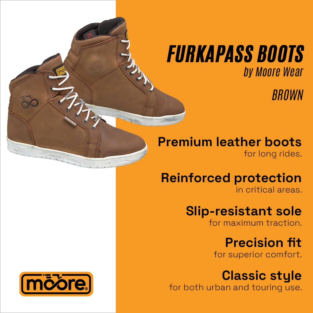Moore I Botas de Moto Furkapass Marrón – Nobuck Impermeable, Protección CE, Estilo Urbano, Suela Antideslizante