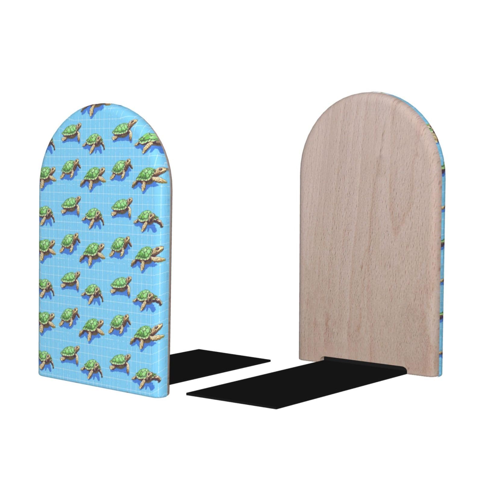 Cartoon Turtle Print BookEnds 1 Pair, Decorative Bookends for Heavy Books, Wood Book Ends for Shelves, Book Organizer for Home Desk Office Supplies