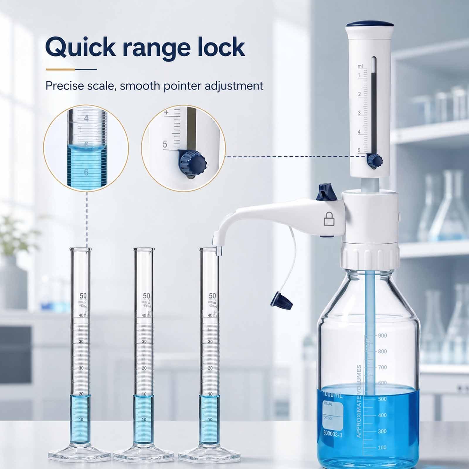 MObyat Verstellbarer Flaschenaufsatz-dosierer Für Laborzwecke, Verstellbarer Flüssigkeitsdosierer Mit Flaschenaufsatz, Flüssigkeitsdosierer-bürette Mit 5 5–50 mL/0.5 mL
