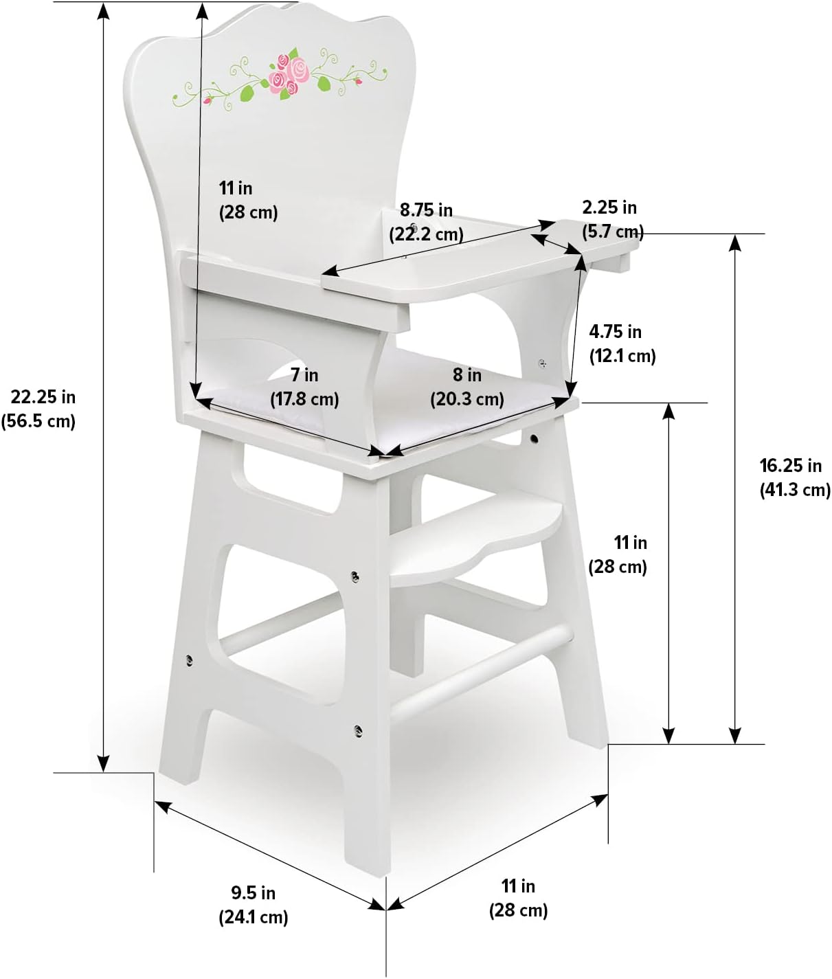 Badger Basket Wooden Doll High Chair + Toy Rocking Cradle with Bedding and Free Personalization Kit, fits 18-inch Dolls, White Rose