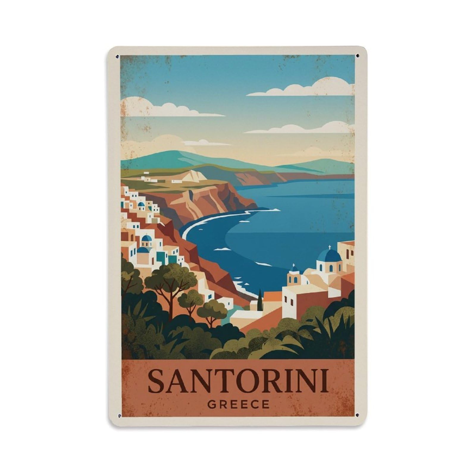 Fyrn Style Metal Tin Sign Vintage Travel Santorini Greece Caldera