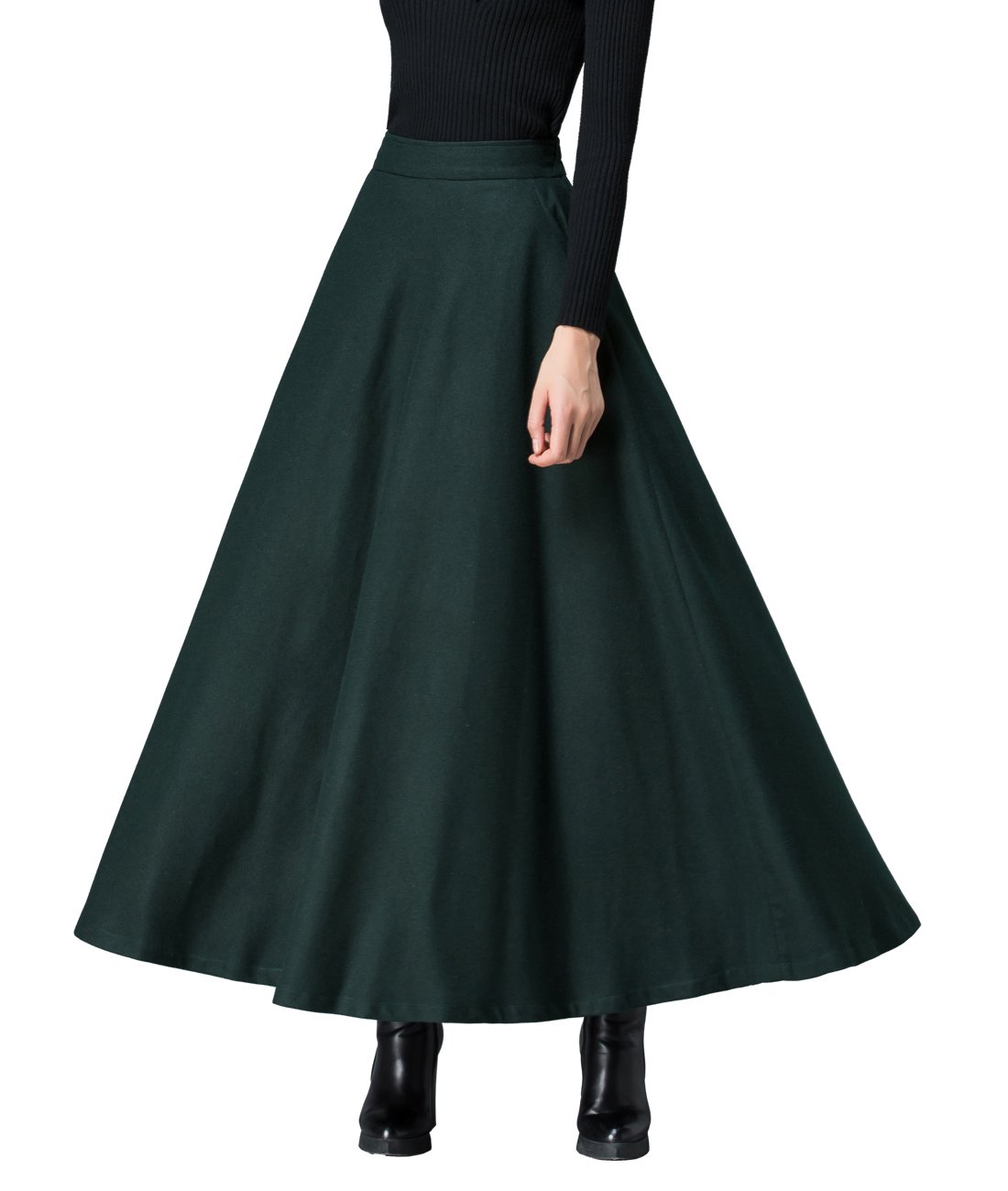 Femirah Women's Long Maxi Woolen A Line Skirt Autumn Winter Plaid Skirt - Green - Waist: 79/84 cm, Length: 90 cm