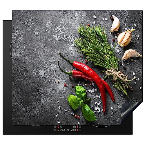 KitchenYeah Herdabdeckplatte Einteilig Küche Ceranfeld Abdeckplatte Cerankochfeld Abdeckung Induktionskochfeld Schutzmatte Pfeffer - Kräuter - Gewürze - Beton - 60x52 cm