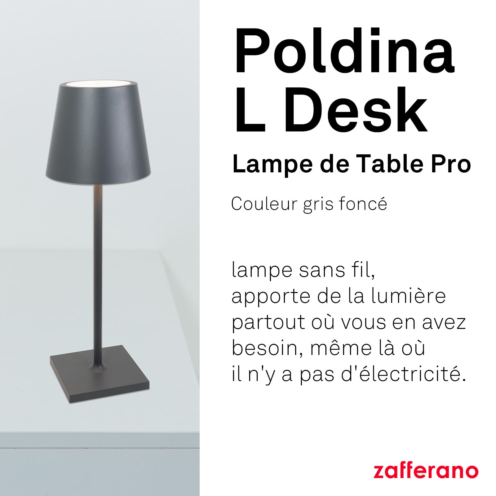 Zafferano, Lampe Poldina L Desk, Lampe de Table Portable et Rechargeable avec Contrôle Tactile, Convient pour le Salon et l'Extérieur, Dimmer 2200-3000 K, Hauteur 49,7 cm, Couleur Gris Foncé