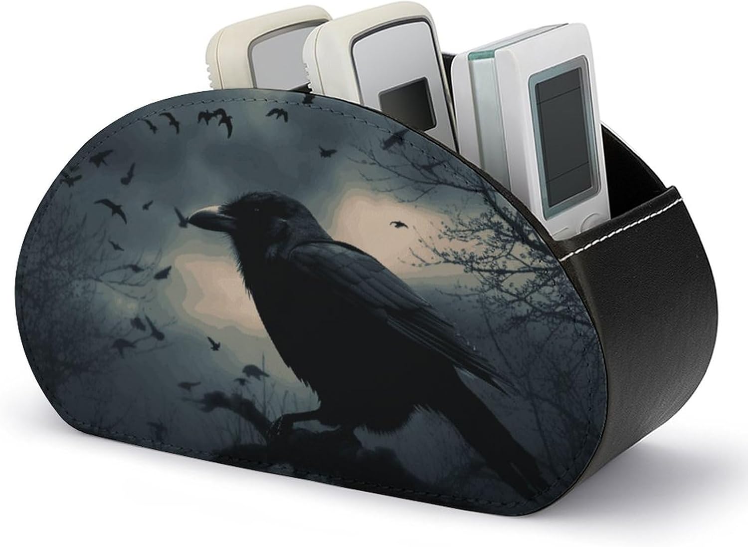 Remote Control Holder With 5 Compartments Night Crow Leather TV Remote Caddy Desktop Organizer Storage Box TV Remotes Media Controllers Office Supplies