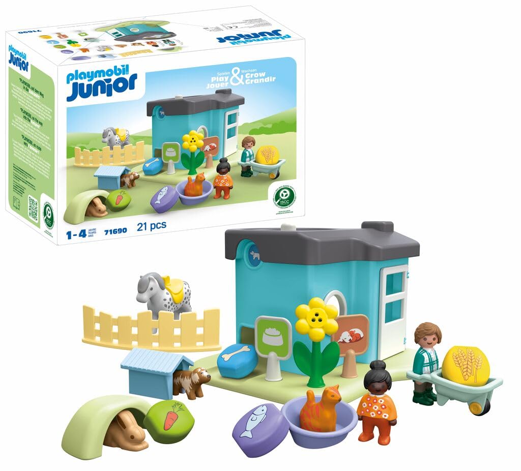 PLAYMOBIL JUNIOR | Tierpension mit Futterspender | nachhaltiges Spielzeug aus biobasierten Kunststoffen | für Kinder ab 1 Jahr | 71690