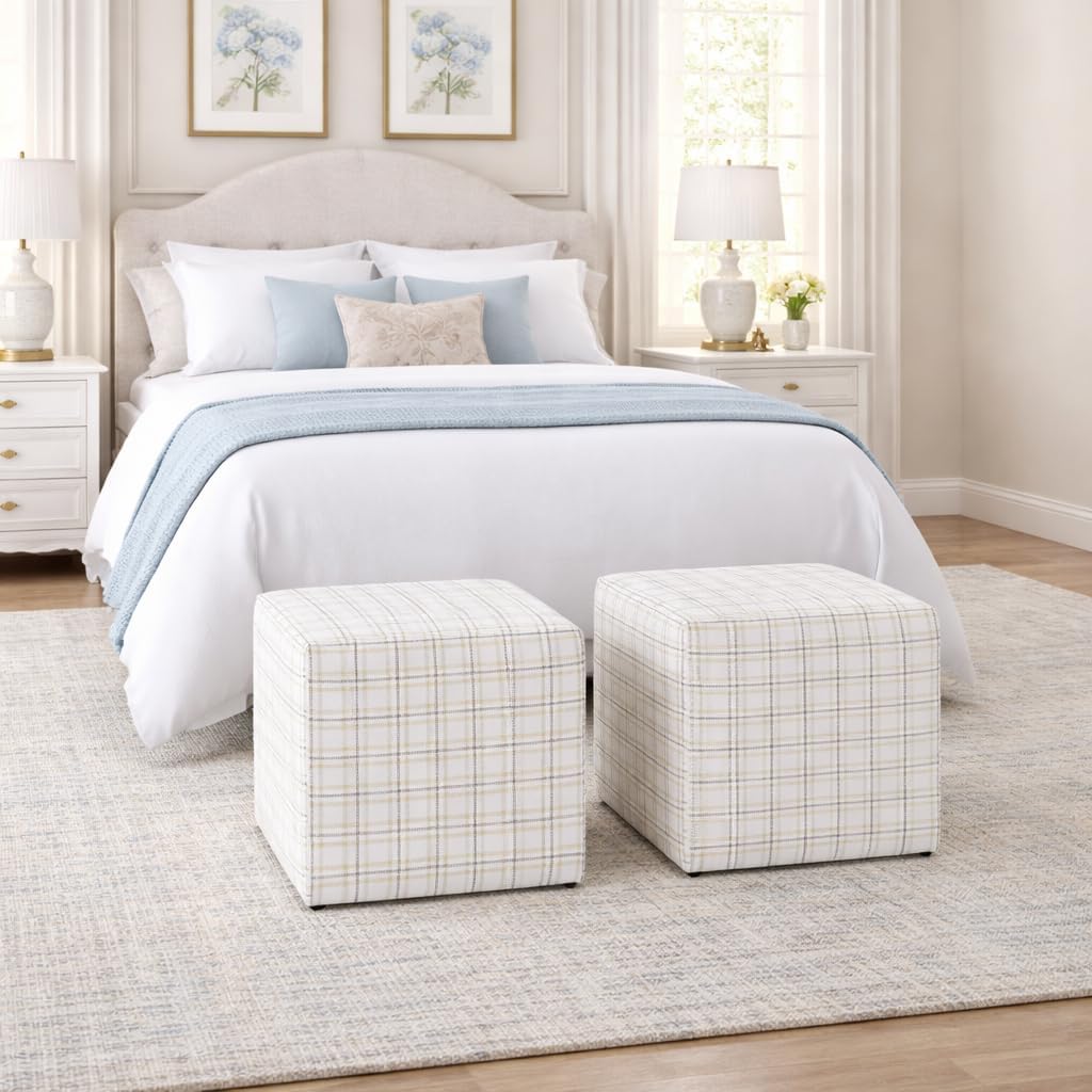 HomePop 19” Square Upholstered Ottoman with Solid & Engineered Wood Frame, Modern Cube Accent Stool for Living Room, Bedroom or Entryway - Natural Plaid Woven Fabric