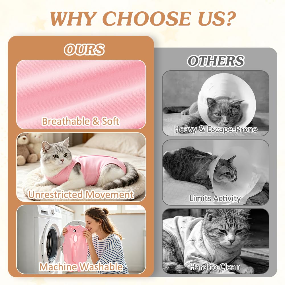 OFFCUP 2 Piezas Body de Recuperación para Gatos, Gatos Postoperatorio Hembra para Evitar Que se Laman Las Heridas, Suave y Cómodo, Gata Camiseta de Recuperación, Rosa, Talla M