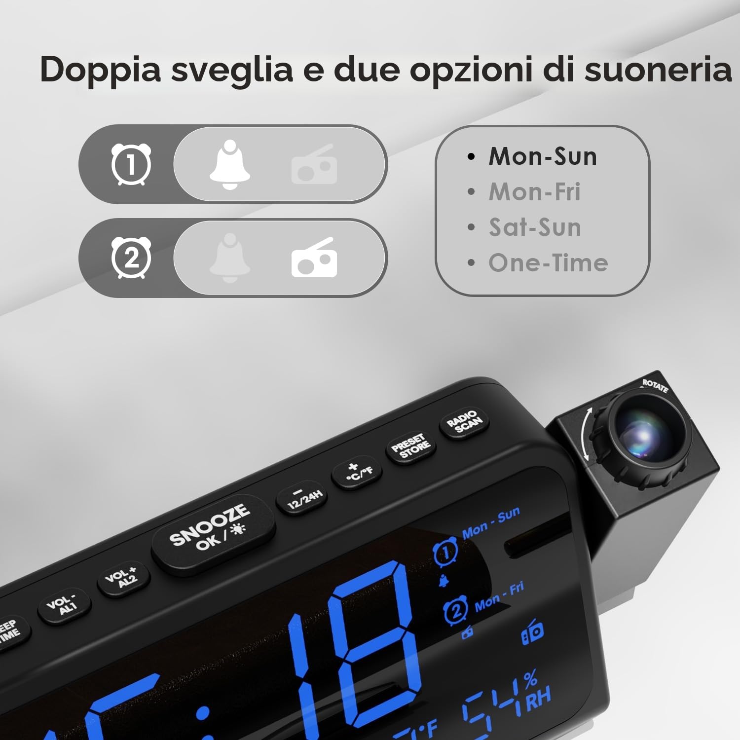 ROCAM Sveglia con Proiettore Radiosveglia Digitale da Comodino 270°, 12/24H Display con Dimmer Snooze modalità Weekend Grandi Numeri Temperatura Data, Sveglie FM Radio 2 e Cavo USB, Batteria Backup