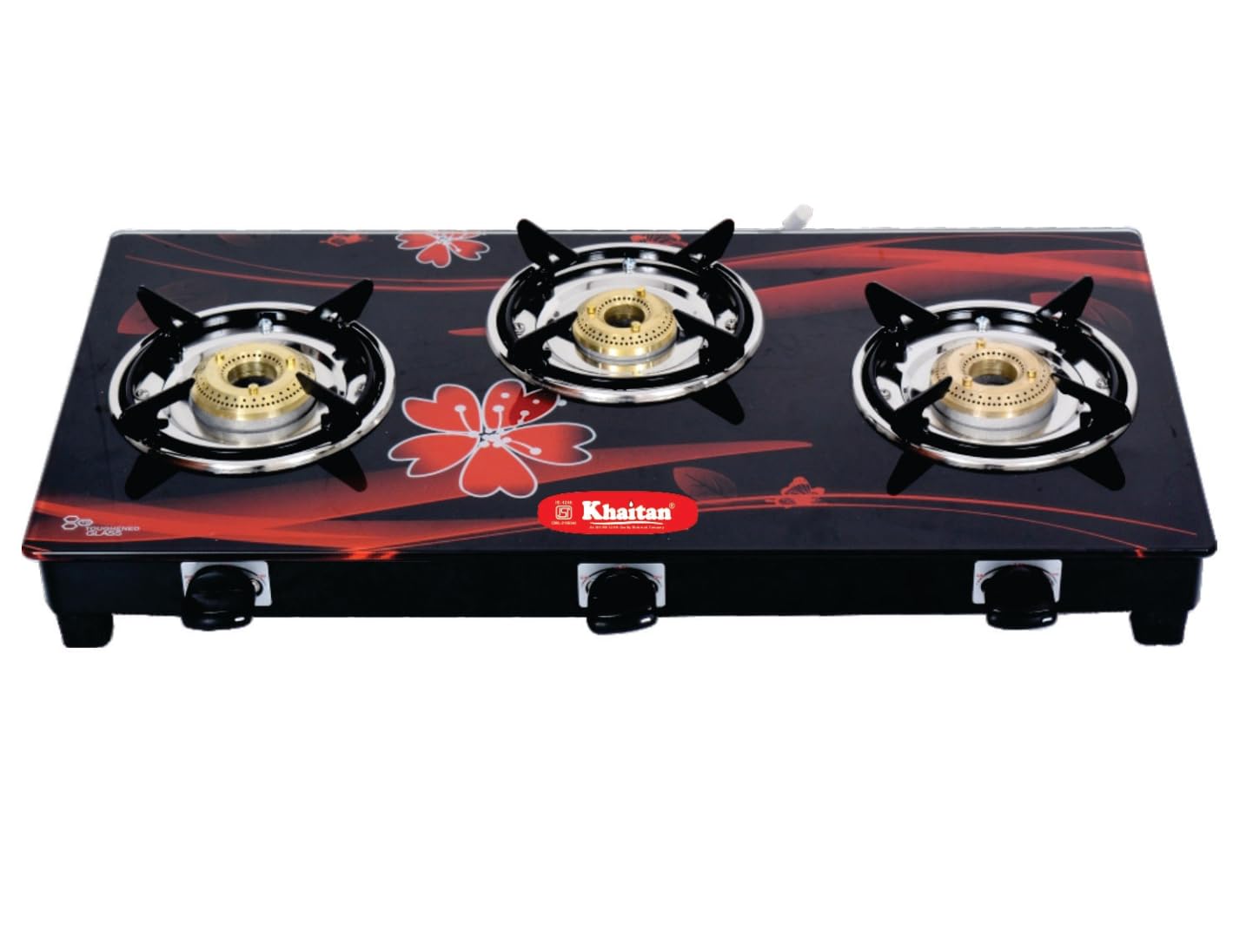 Khaitan 3 Burner Active Red with Brass Burners, Digital Toughened Glass, LPG Cooktop, Manual Ignition, Gas Stove, 1 Year Warranty, ISI Approved