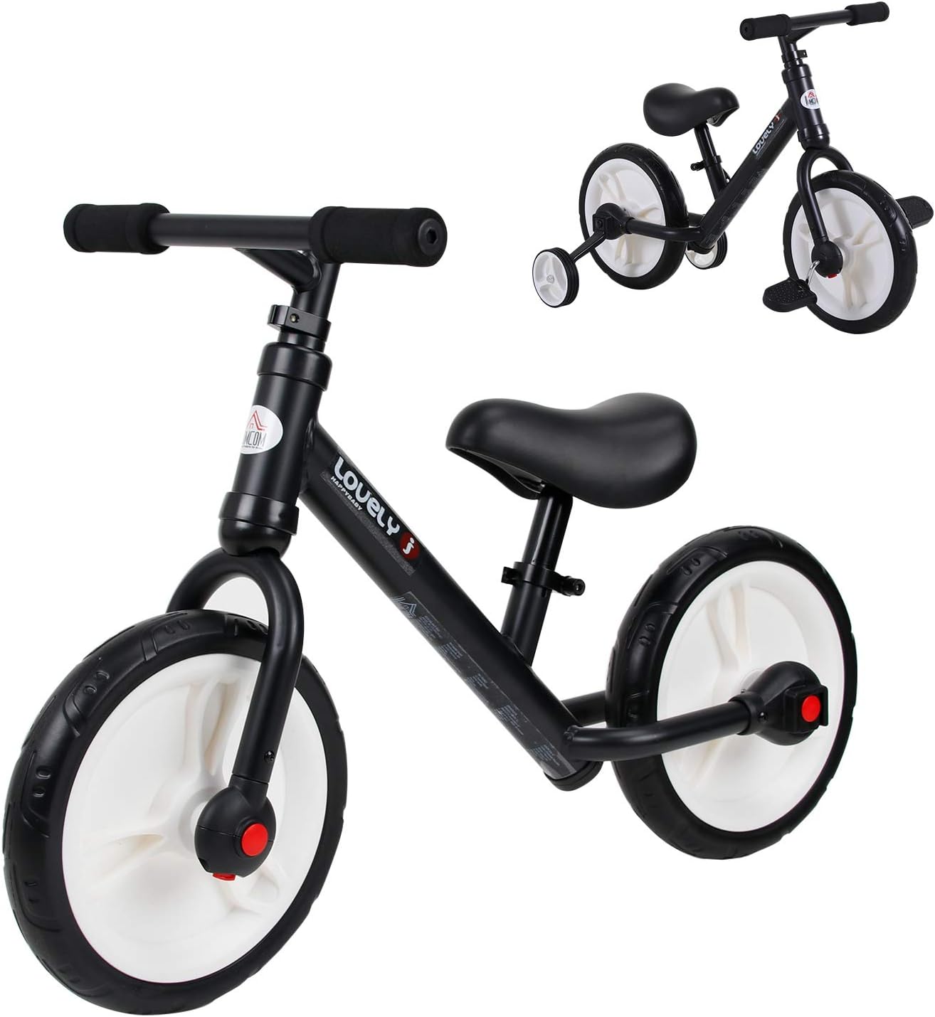 HOMCOM 11 Inch Kids Balance Bike Training Pedal Bicycle W/Removable Stabilizers EVA Tyres Adjustable Seat Height 2 to 5 Years Gift for Boys Girls Black