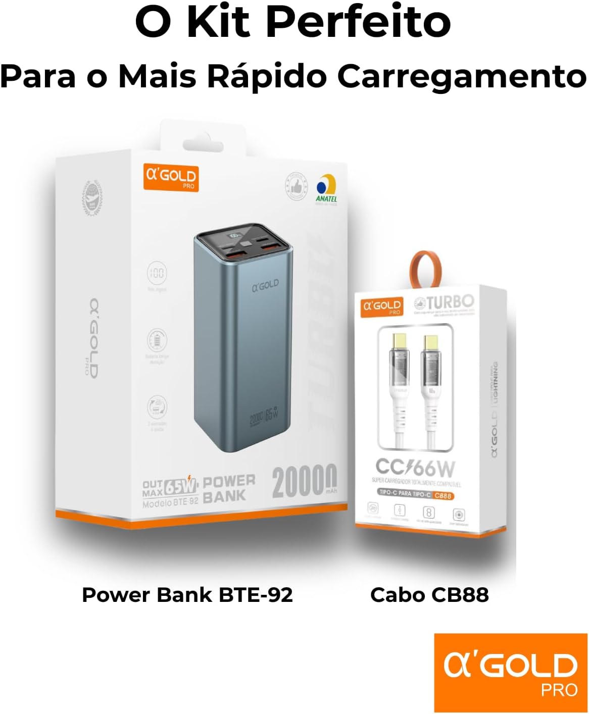 Power Bank A'Gold BTE-92 20000mAh Turbo 65W p/Notebook + 2 Cabos USB-C (20cm + CB-88 LED Trançado 66W 1m), 4 Saídas, PD QC4.0, Visor Digital, Compatível MacBook, Dell, Samsung, Xiaomi Power Bank A'Gold BTE-92 20000mAh Turbo 65W p/Notebook + 2 Cabos USB-C (20cm + CB-88 LED Trançado 66W 1m), 4 Saídas, PD QC4.0, Visor Digital, Compatível MacBook, Dell, Samsung, Xiaomi