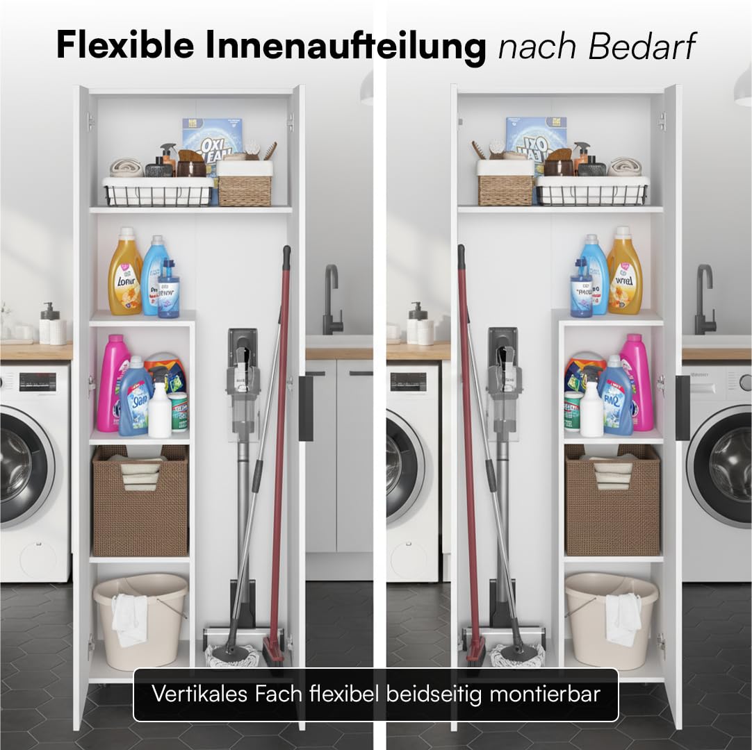 Bellamio Lurio Mehrzweckschrank – weißer Besenschrank aus Holz mit schwarzem Griff – Flurschrank mit 5 Fächern inkl. Staubsaugerfach – Haushaltsschrank – Vorratsschrank – Putzschrank 176 x 33 x 60  cm