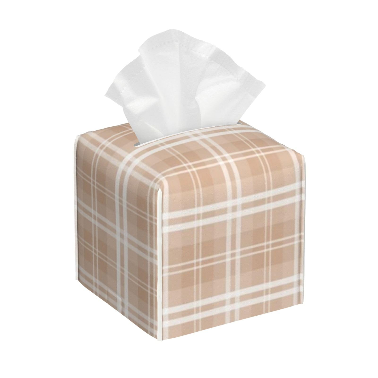 Brown Tartan Plaid Check Tissue Box Cover 5" Square Leather Tissue Holder Facial Tissue Case for Tabletop Bedroom Bathroom Desk Decor