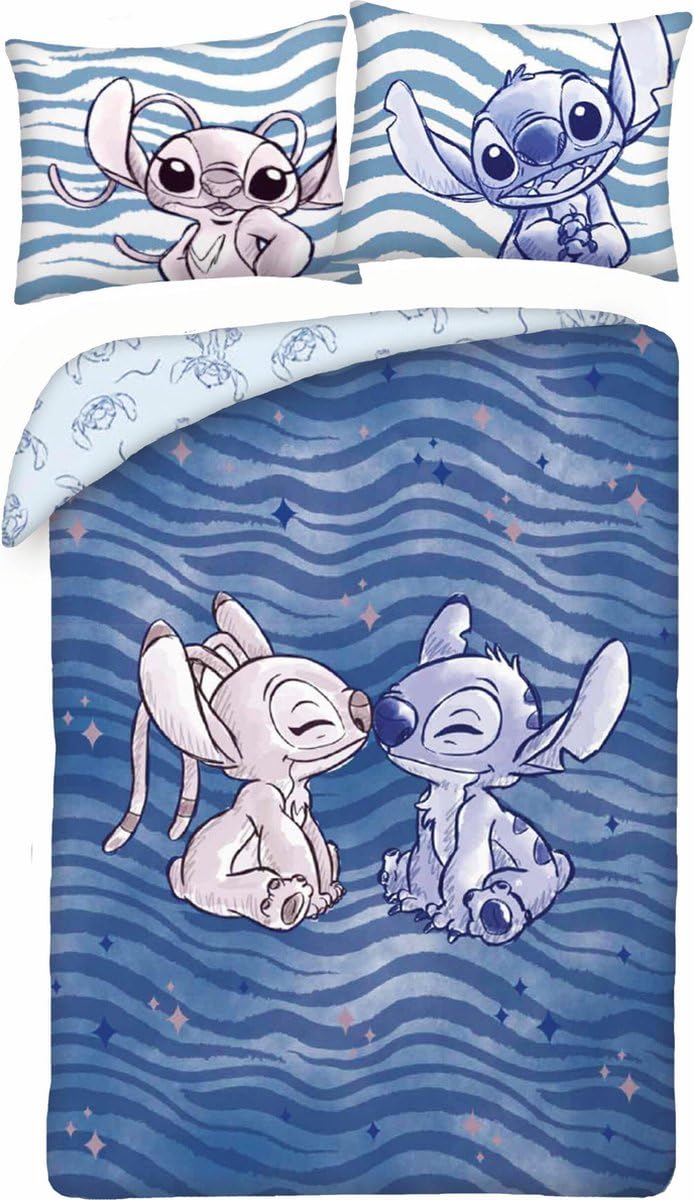 Juego de cama Stich Besa Angel – de Disney Lilo y Stitch – Funda nórdica reversible 140 x 200 cm y funda de almohada 70 x 90 cm – Multicolor – 100% algodón