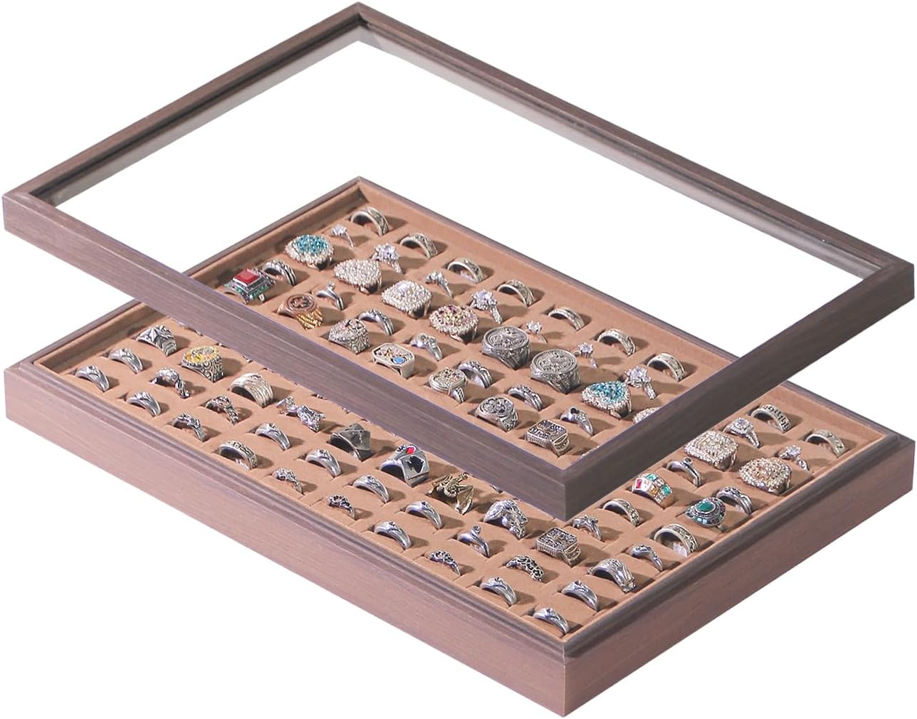 Wood Jewelry Organizer Tray, Rings Holder (Brown, 2Pc, Glass Lid)