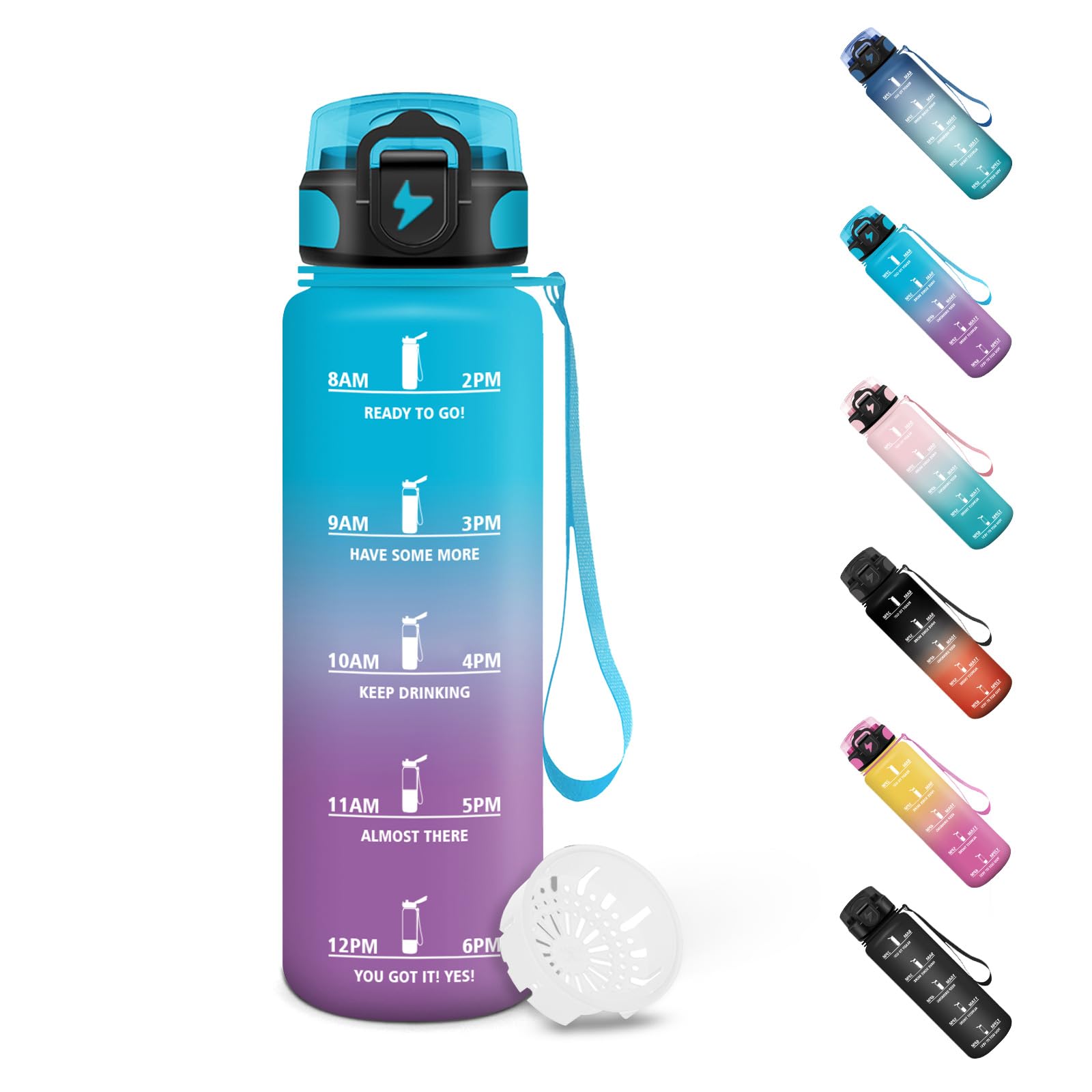 Motswedi Ttrinkflasche 0.5l, Wasserflasche, Auslaufsicheres Schlossdesign, Flasche, Mit Zeitstempel, Trinkflasche Auslaufsicher, Kohlensäure Geeignet, für Schule, Yoga, Sport, Pilates - Blau&Lila