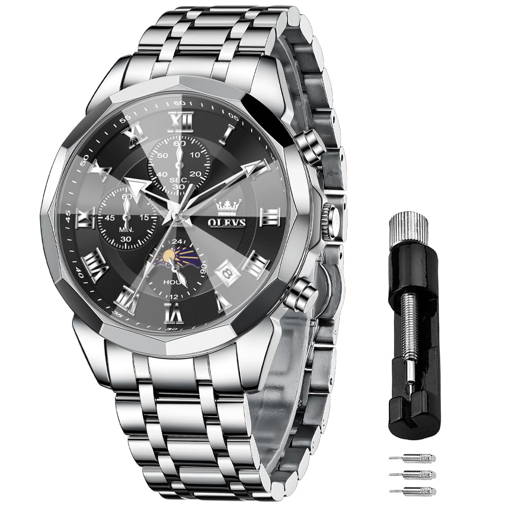 OLEVS Männer Uhr Quarz Luxus Business Uhren Multifunktion Chronograph Mondphase wasserdicht Leuchtend Edelstahl Armbanduhr