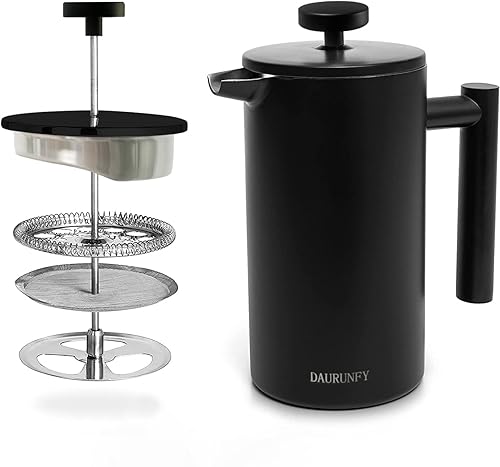 DAURUNFY Cafetera y tetera de prensa francesa, acero inoxidable de grado 304 con aislamiento de doble pared, cafetera mate de 34 onzas, fácil de