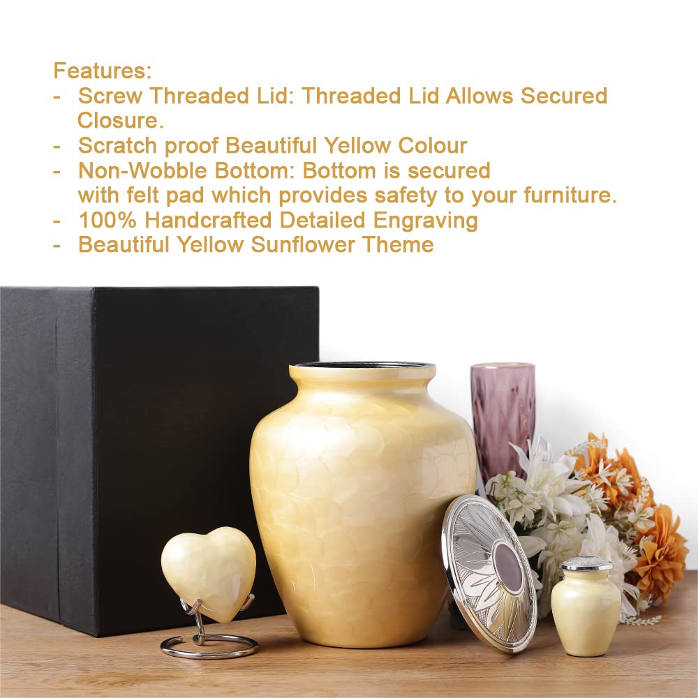 THE ASCENT MEMORIAL Cremation Urns for Human Ashes Adult Male Female | Yellow Sunflower Theme | Pack of Large, Small Keepsake, Heart Urn Display Stand and Velvet Carry Bags | Funeral Ashes Urns