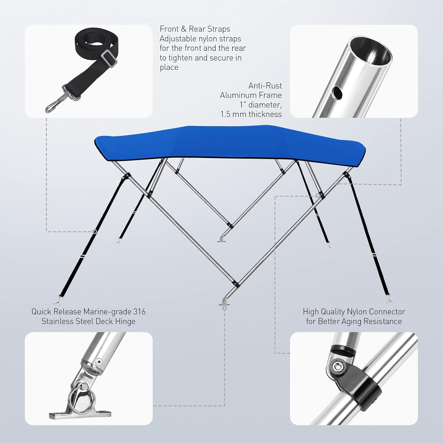 KAKIT 3-4 Bow Bimini Top Different Size 4 Straps Boat Cover Includes Quick Release Deck Mount Storage Boot 1 Inch Stainless Aluminum Frame