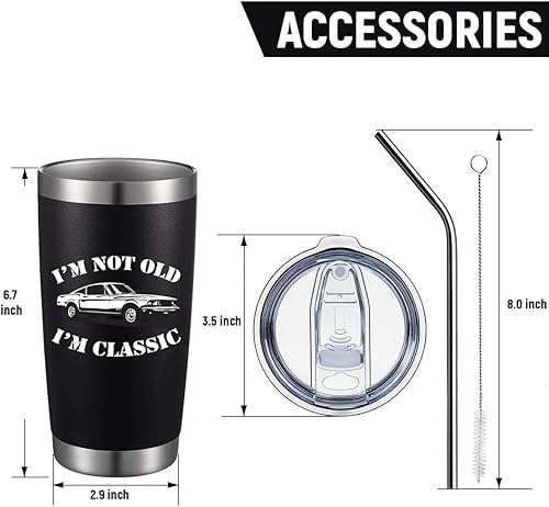Miniatura 5 de Vaso aislado personalizado con tapa y pajita, de acero inoxidable, con texto en inglés "I'm Not Old I'm A Classic", de 20 onzas, idea de regalo