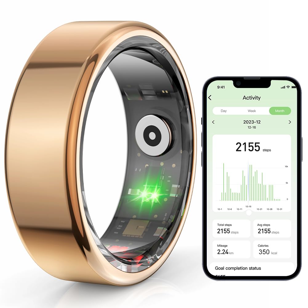 Dlishka Anillo Inteligente,MonitorizacióN De Frecuencia CardíAca 24h,Resistente Al Agua Ip68,Carga RáPida MagnéTica,Compatible con Android E iOS,Reloj De Fitness para Hombres Y Mujeres. (Oro, 11#)
