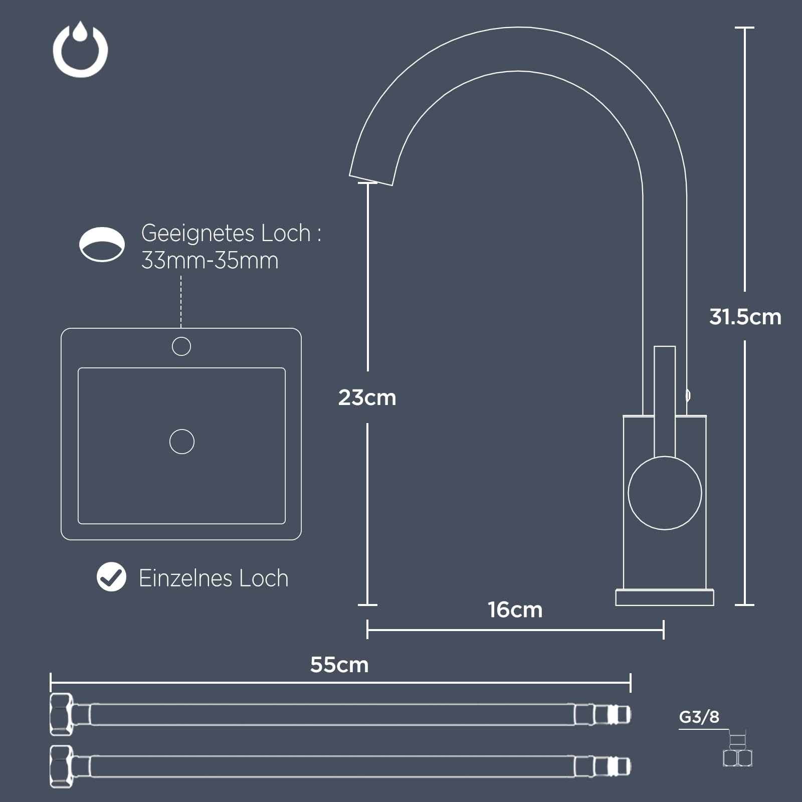 FORIOUS Wasserhahn Küche, Mischbatterie Küche, Küchenarmatur mit 360° Drehbar, Spülenarmatur mit Einhebel für 1 Loch, Auslaufhöhe 230 mm, Hebel, Edelstahl, Standard