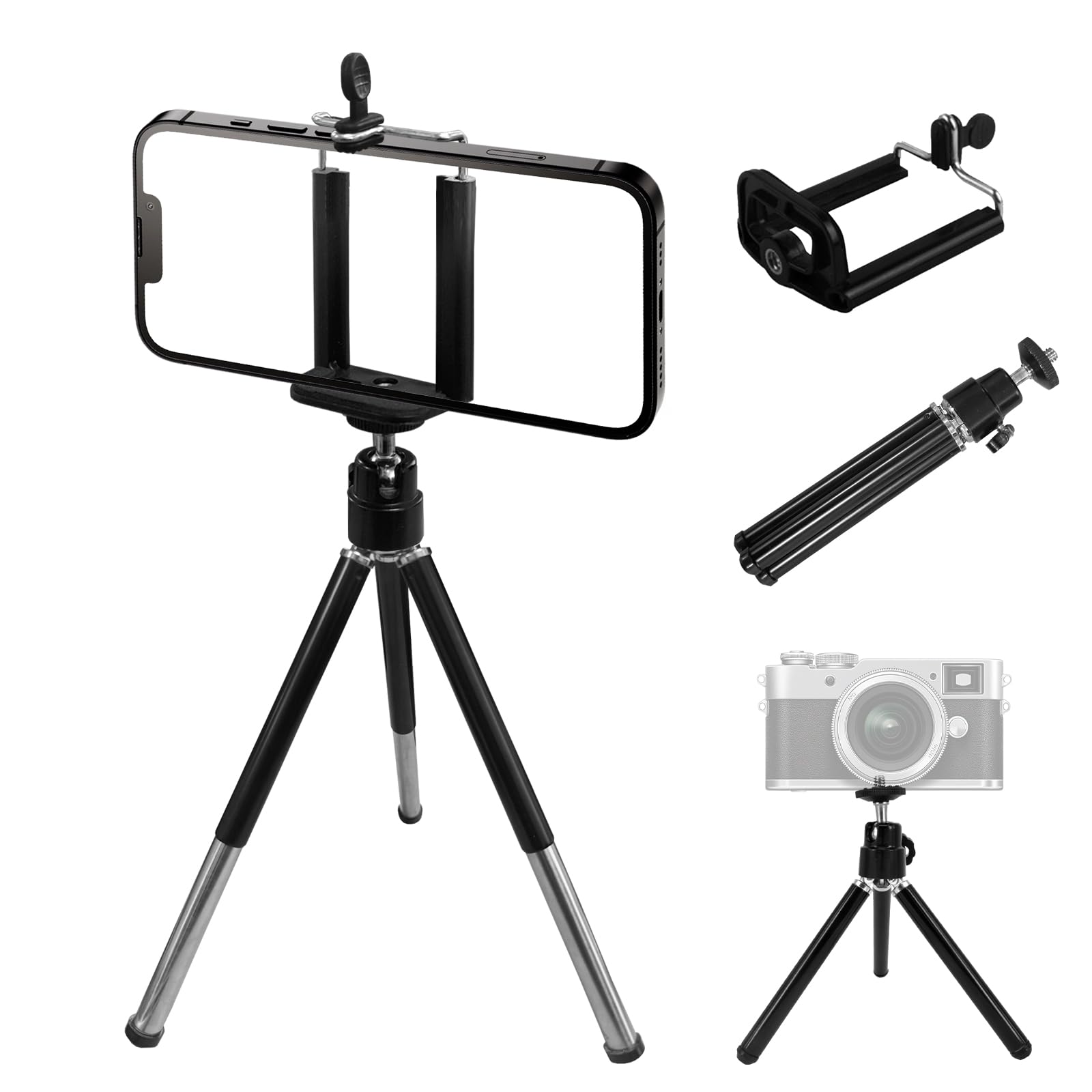 OBHEI Phone Stand for Desk Extendable Phone Tripod 2 in 1 Phone Clip 360 Ball Head Camera Tripod