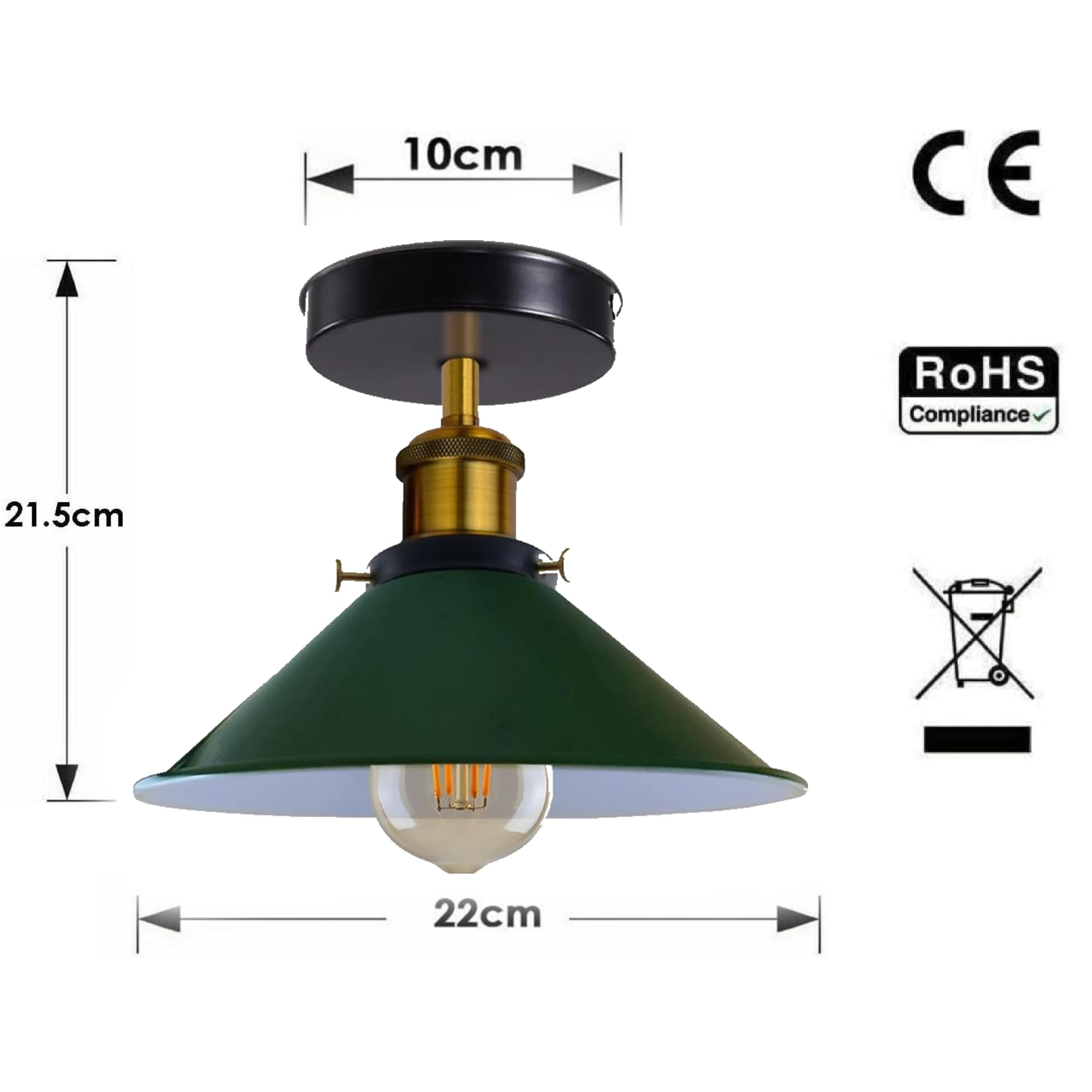 LEDSone Pack of 2 Ceiling Lighting Fixtures 22cm Green Conical Lampshade Flush Mount Ceiling Light for Kitchen Hallway Dining Rooms Living Rooms Easy Fit Anti Rust Durable Lighting with Bulb - Image 3