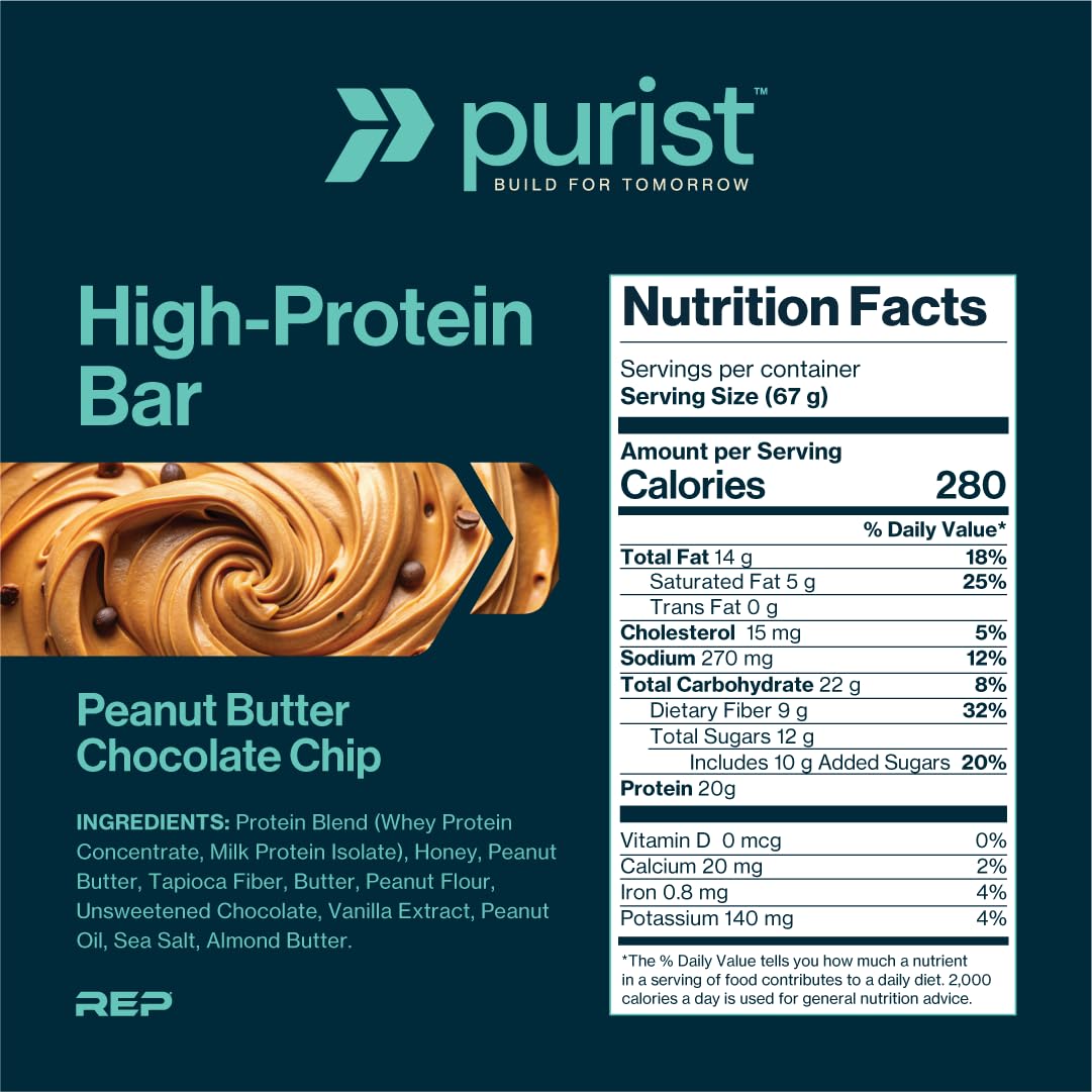 PURIST High Protein Bar Peanut Butter Chocolate Chip - Gluten Free, Low Sugar - 12 Bars