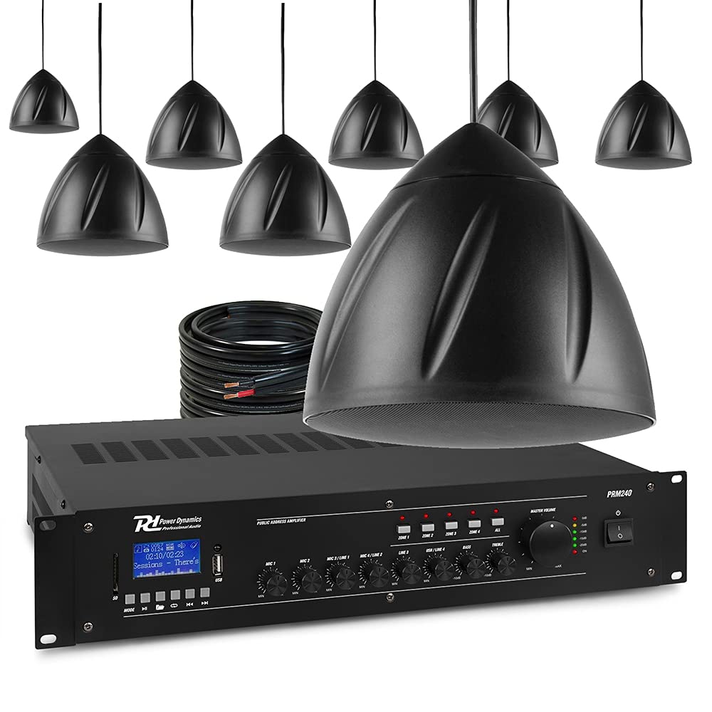 Power Dynamics Pendant Speaker System, 8 x 5.25" Black Speakers with 4-Zone Mixer Amplifier Bluetooth, 100V Line PA Audio for Warehouse, Restaurant, Retail, Commercial Installation