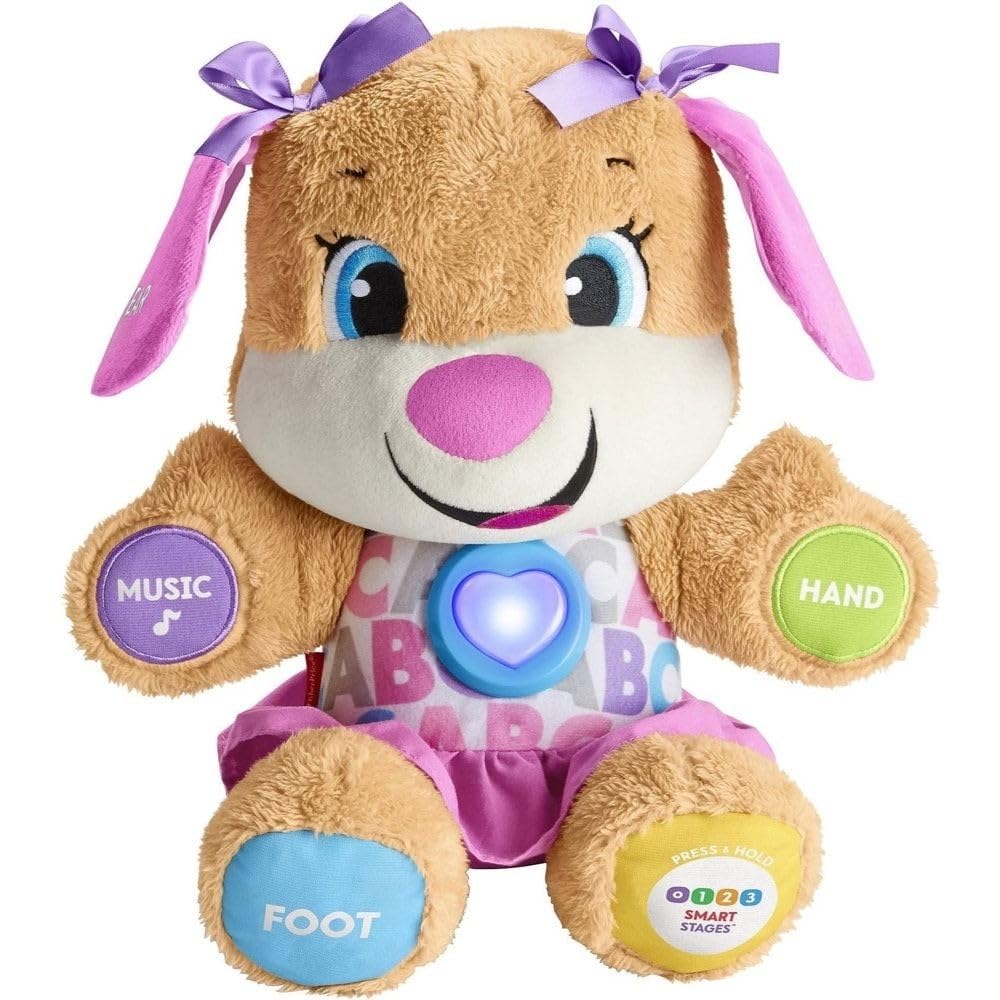 Fisher-Price Ríe y Aprende Perrita Primeros Descubrimientos, peluche interactivo con luces y sonidos, juguete bebé +6 meses, Versión: UK-Inglés, FPP51