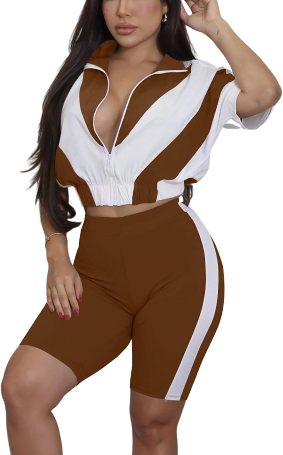 Adogirl Women 2 Piece Outfits Summer Tracksuit Color Block Short Sleeve Full Zip Up Cropped Jacket Bodycon Shorts Lounge Sets