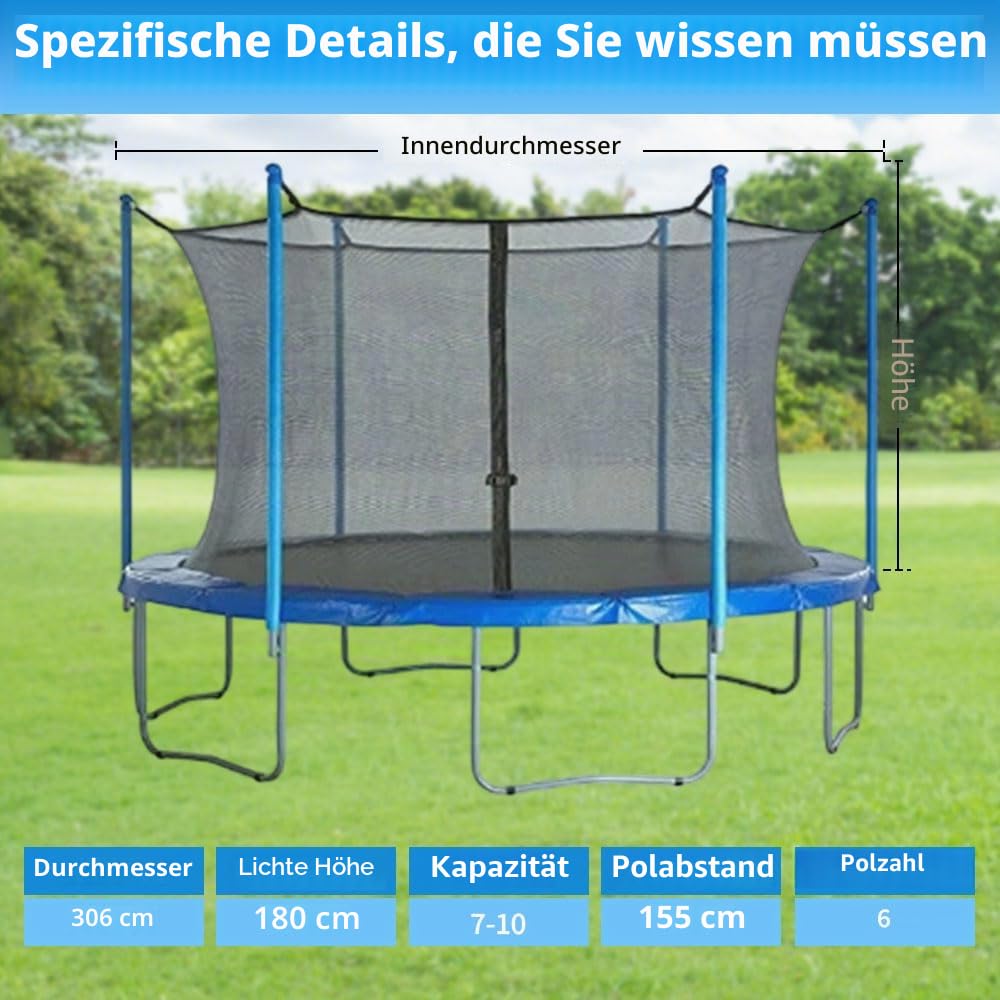 Trampolin Netz 305 6 Stangen, Trampolin Sicherheitsnetz für Gartentrampoline, Ersatznetz Tampolin innenliegend Netz mit Reißverschluss und Schnallen, Netzhöhe 180 cm