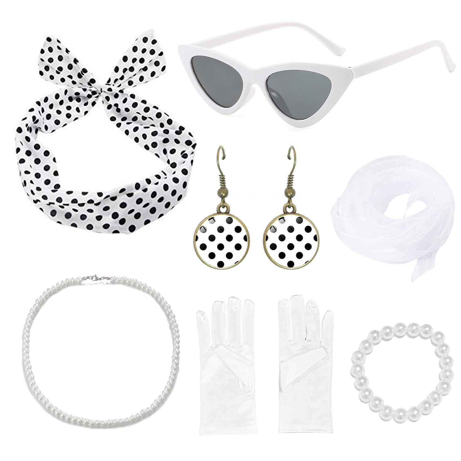 Nidhfg Black And White 1 Piece Sunglasses, 1 Piece Scarf, 1 Pair Of Gloves, 1 Piece Necklace, 1 Pair Of Earrings, 1 Piece Headband And 1 Piece Bracelet, Retro Clothing Accessories, Cosplay Accessories.