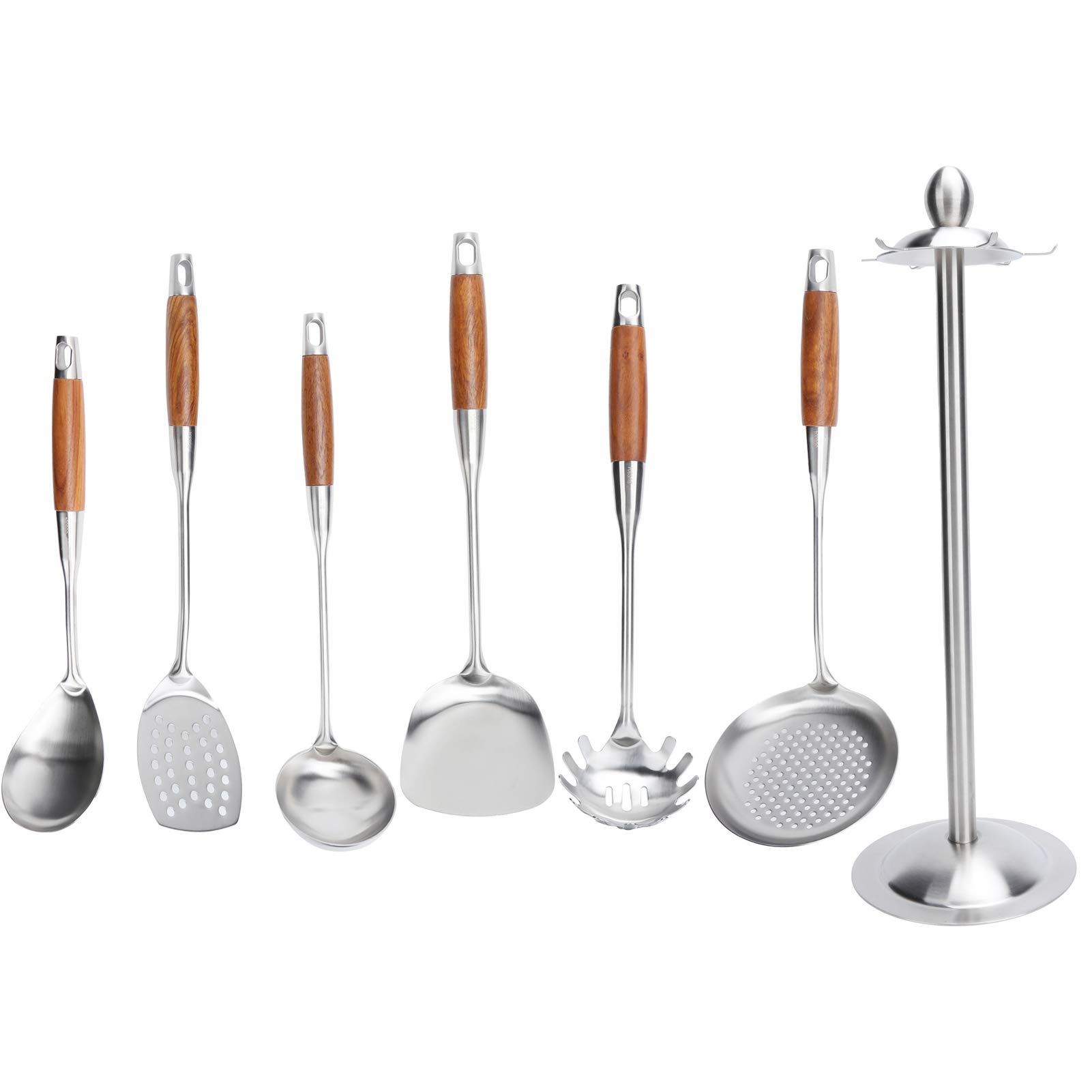 Cocoarm Küchenspatel-Set, Kochutensilien aus 304 Edelstahl, mit Holzgriff und Drehbarem Gestell, Aufhängeloch, Anti-Heißgriff für das Kochen zu Hause in der Küche